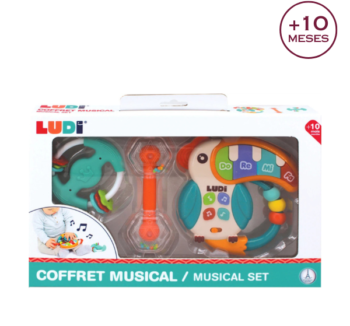 Conjunto musical para bebés con tucán, maraca y anillo con platillos