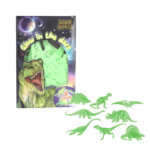 Set de pegatinas glow in the dark Dino World, mostrando 8 dinosaurios brillantes en colores vibrantes