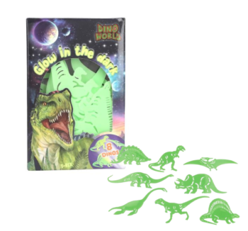 Set de pegatinas glow in the dark Dino World, mostrando 8 dinosaurios brillantes en colores vibrantes