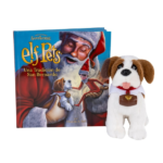 Caja del set "San Bernardo Elf on the Shelf" con el perrito de peluche, libro y barrica con encanto dorado