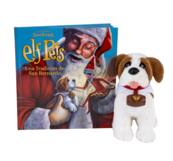 Caja del set "San Bernardo Elf on the Shelf" con el perrito de peluche, libro y barrica con encanto dorado