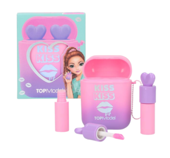 Set de brillos de labios con forma de auriculares de TOPModel, presentado en una funda de casco colorida y divertida.