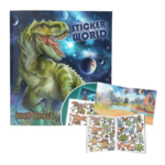 Portada del libro de pegatinas Dino World, mostrando ilustraciones de dinosaurios y escenas espaciales coloridas