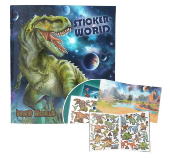 Portada del libro de pegatinas Dino World, mostrando ilustraciones de dinosaurios y escenas espaciales coloridas