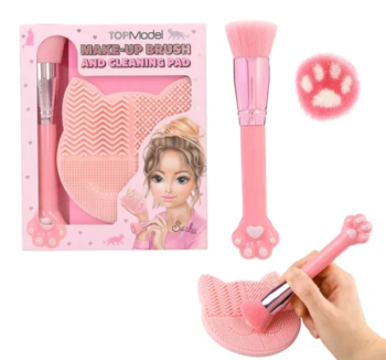 Set de brocha de maquillaje y limpiabrochas TOPModel con diseño de patitas de gato en colores rosa y blanco