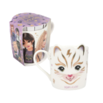 Taza Rebel Kitty de TOPModel en porcelana blanca con diseño de cara de gato, orejas en relieve y detalles dorados.