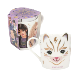 Taza Rebel Kitty de TOPModel en porcelana blanca con diseño de cara de gato, orejas en relieve y detalles dorados.