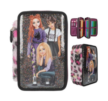 Estuche Triple Rebel Kitty de TOPModel con purpurina y estampado animal print en lila y negro