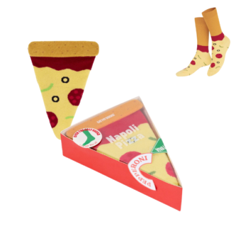 Calcetines pizza en empaque estilo rebanada de pizza, diseño divertido para amantes de la pizza