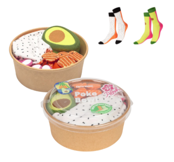 Calcetines poke bowl con diseño colorido, inspirados en un bowl de poke hawaiano