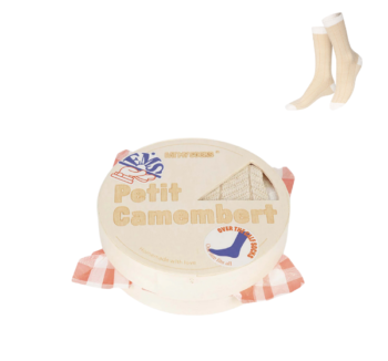 Calcetines camembert en empaque de estilo queso redondo, perfectos para los amantes del camembert.