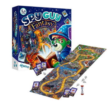 Tablero del juego Spy Guy Fantasy con ilustraciones de dragones, aldeanos y un bosque mágico