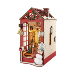 Christmas Indoor Scene Rolife Book Nook en una estantería, decorada con detalles navideños