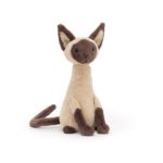 Peluche de gato siamés Jellycat, mostrando su diseño elegante con pelaje marrón claro, calcetines y cola chocolate