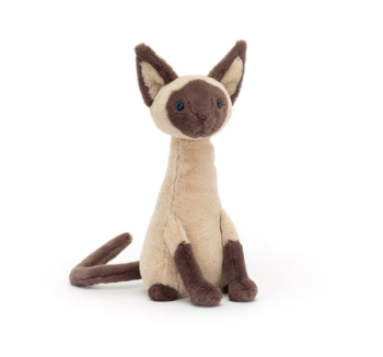 Peluche de gato siamés Jellycat, mostrando su diseño elegante con pelaje marrón claro, calcetines y cola chocolate