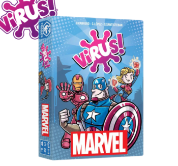 Caja del juego de cartas Virus! MARVEL, con diseño vibrante que muestra a icónicos héroes como Iron Man y Capitán América