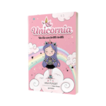 Portada del libro "Unicornia 1: Un lío con brilli-brilli", mostrando a Claudia montando un unicornio mágico rodeada de estrellas y brilli-brilli