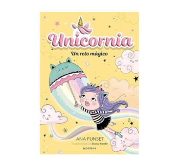 Portada del libro Unicornia 3: Un reto mágico. Claudia y los unicornios en el refugio, con un bebé unicornio negro que necesita encontrar su familia.