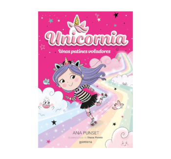 Portada del libro Unicornia 8: Unos patines voladores, con un unicornio y Claudia patinando en un escenario mágico lleno de colores brillantes y detalles fantásticos.