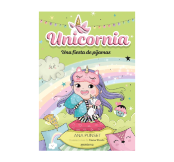 Portada de 'Unicornia 10: Una Fiesta de Pijamas', con Claudia y sus amigos listos para una fiesta mágica en Unicornia, rodeados de unicornios y diversión.