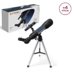 Telescopio KIDYTELESCOPE sobre su trípode, mostrando la lente y el diseño compacto para niños.