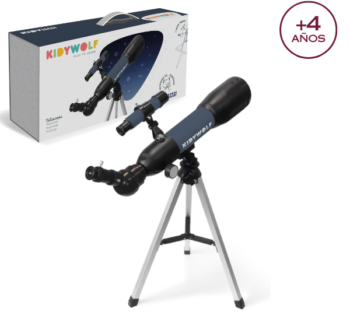 Telescopio KIDYTELESCOPE sobre su trípode, mostrando la lente y el diseño compacto para niños.