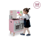 Cocina de madera infantil rosa Macaron con diseño realista, horno, fregadero de acero y colores suaves, perfecta para estimular el juego creativo.