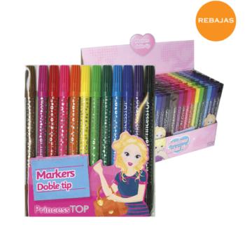 Pack de 12 rotuladores Princess Top de doble punta en colores vibrantes, ideal para colorear, dibujar y proyectos creativos.