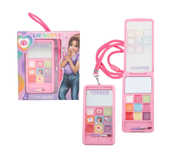 Brillo de Labios Smartphone de TOPModel en diseño móvil rosa, ideal para niñas y adolescentes, con 9 tonos y aroma a fresa.