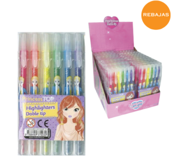 Pack de 6 subrayadores de doble punta Princess Top en colores fluorescentes, ideales para subrayar y organizar notas con precisión y estilo.