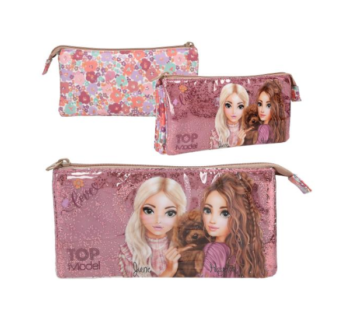 Estuche Floral de TOPModel con diseño brillante de purpurina y modelo con perrito.