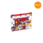 Estuche decorado con gráficos de Mickey Mouse en colores icónicos.