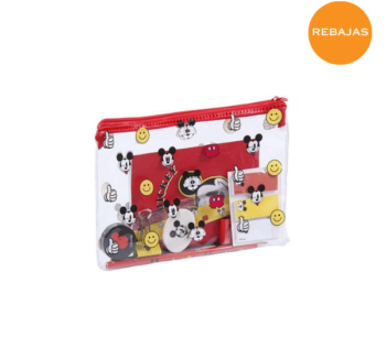 Estuche decorado con gráficos de Mickey Mouse en colores icónicos.