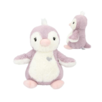 Peluche Pingüino Bebé lila con pelillos blancos en la cabeza y corazón bordado en el pecho.