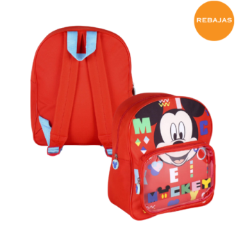 Mochila infantil roja Mickey con diseño vibrante y detalles únicos del personaje Disney.