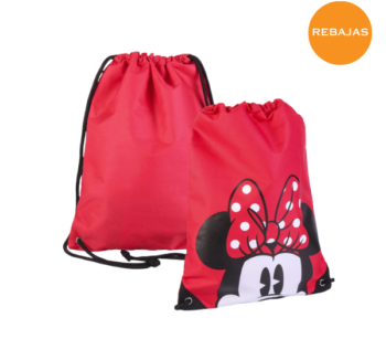 Mochila de cuerdas Minnie Mouse roja con estampado de la cara de Minnie, ideal para niños