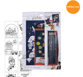 Set de papelería para colorear Harry Potter con libros, lápices y pegatinas mágicas.