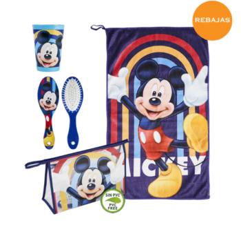 Set de Aseo Infantil Mickey Mouse con 4 piezas: neceser, vaso, toalla de microfibra y cepillo en color azul.