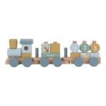 Tren Apilable Forest Friends de madera con tres vagones y piezas apilables de colores.