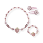Set de Joyería de Madera Fresa: collar, pulsera y clips con diseño frutal.