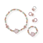 Set de Joyería de Madera con Flores: collar, pulsera, gomas de pelo y anillo.