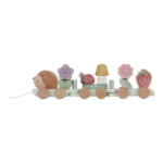 Tren Apilable Erizo con piezas de madera en tonos pastel y diseños naturales.