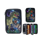 Estuche Triple LED Galaxy Dino World con diseño de dinosaurios y galaxias en tonos azul marino.