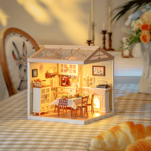 Maqueta en Miniatura Comedor Rolife Maqueta DIY de comedor con mesa, sillas y accesorios decorativos.