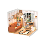 Maqueta en Miniatura Salón Rolife con sofá y estanterías.