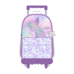 Vista frontal de la Mochila Escolar con Ruedas Sirena Totto con diseño de cola de sirena y escamas brillantes