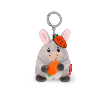 Llavero de Peluche Burro Legami con burro abrazando su zanahoria y chapa metálica