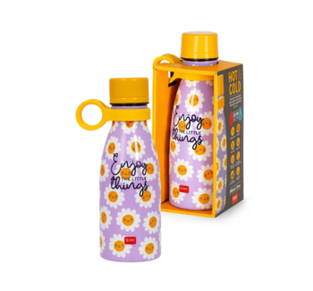Botella Térmica 300ml Daisy Legami con diseño floral lila y tapa amarilla vista frontal