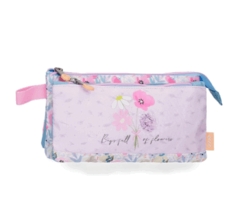 Producto: Estuche con 3 Compartimentos Full of Flowers de Enso con diseño floral sobre fondo azul.