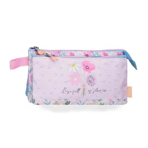 Estuche con 3 Compartimentos Full of Flowers de Enso Estuche con 3 Compartimentos Full of Flowers de Enso con diseño floral sobre fondo azul.